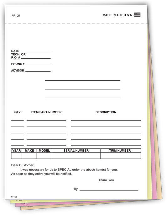 4-Part Auto Dealer Special Parts Order Forms - Stock (Package of 100)