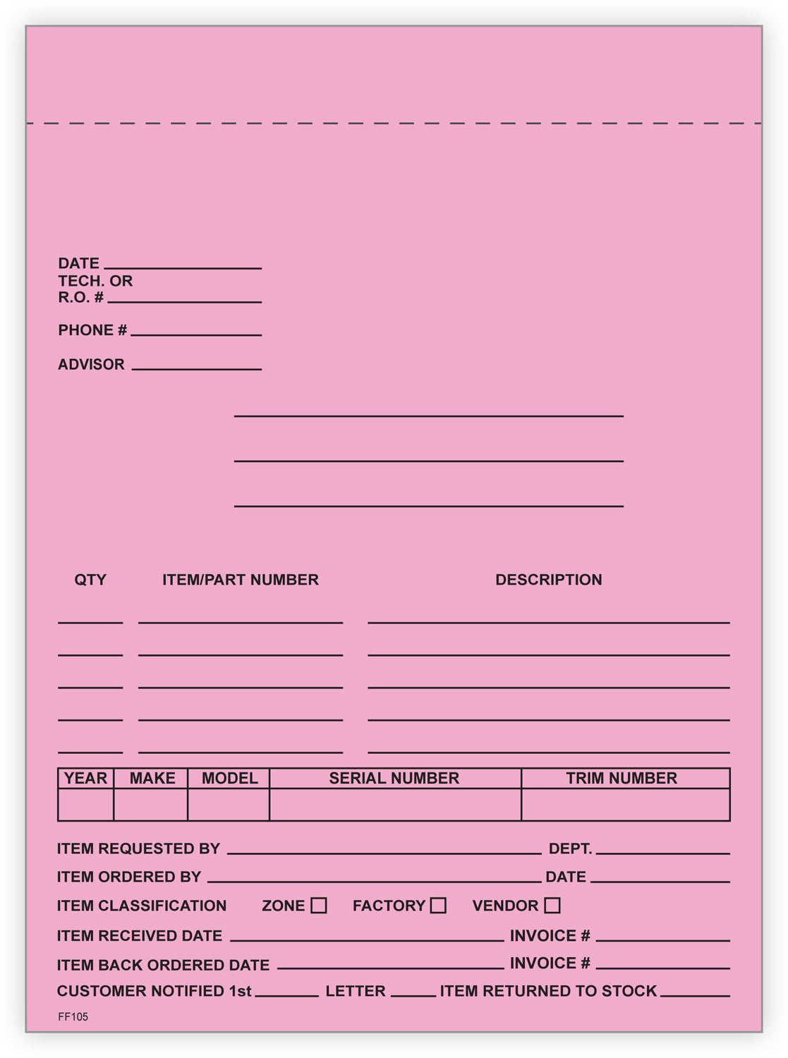 4-Part Auto Dealer Special Parts Order Forms - Stock (Package of 100)